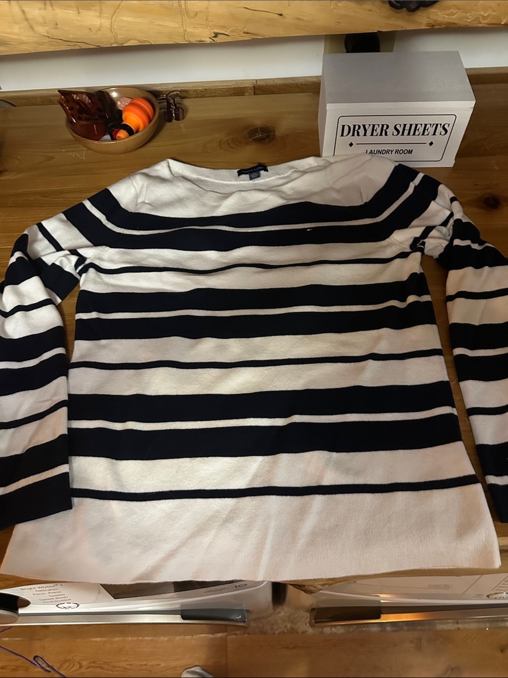 Tommy Hilfiger Navy and White Striped Long-Sleeve Top
